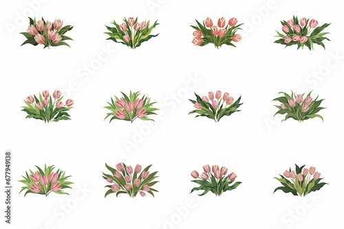 vibrant digital botanical illustration showcasing a colorful bouquet of pink tulips and tropical green leaves on a white background