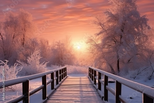 Snowy, wooden bridge in a winter day. Generative Ai © Phichitpon