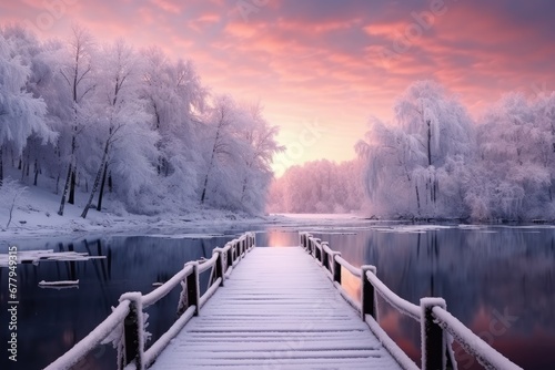 Snowy, wooden bridge in a winter day. Generative Ai