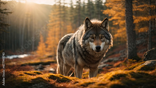 Capture a mesmerizing and dramatic panoramic shot of Wolf  Canis lupus . Ai Generative