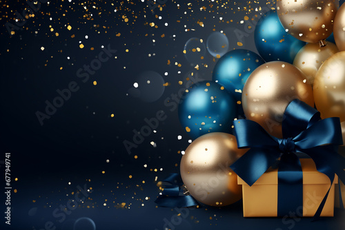 background with blue golden balloons, gifts and confetti, copy space