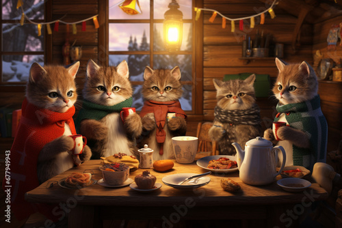 funny cats on the table having dinner in winter