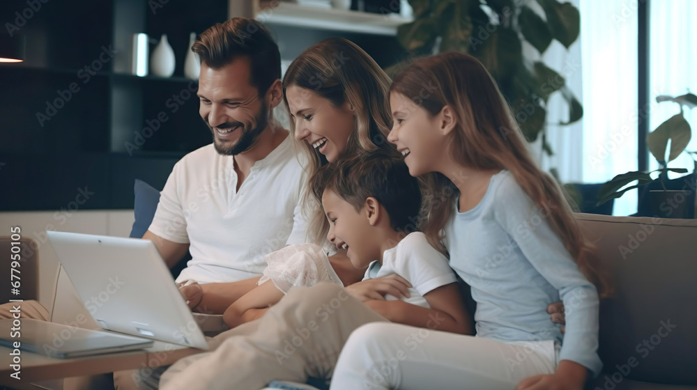 Happy family with children Sitting on sofa in living room using modern laptop together It's an enjoyable weekend getaway with the kids. Happy family with children Sitting on sofa in living room using modern laptop together It's an enjoyable weekend getaway with the kids.