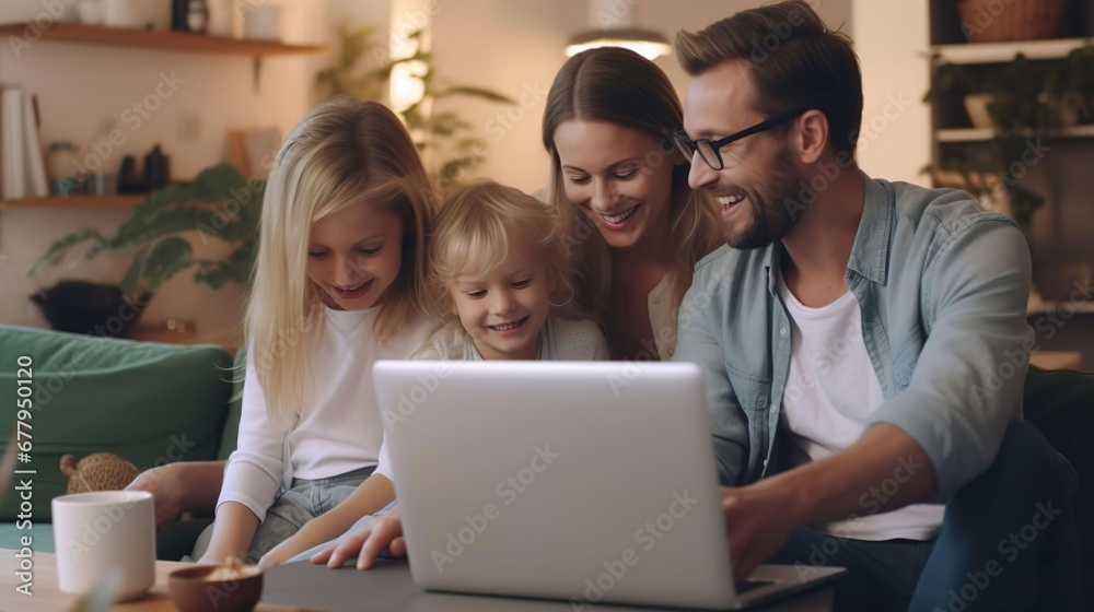 Happy family with children Sitting on sofa in living room using modern laptop together It's an enjoyable weekend getaway with the kids. Happy family with children Sitting on sofa in living room using modern laptop together It's an enjoyable weekend getaway with the kids.