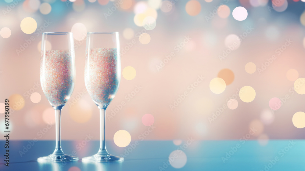 A two glass of sparkling wine on a soft pastel colorful bokeh background A two glass of sparkling wine on a soft pastel colorful bokeh background