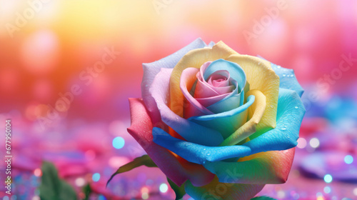 Rainbow roses petals on a colorful bokeh background.