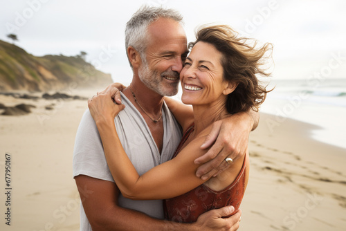 old smiling couple hugging and kissing on beach, big love © RJ.RJ. Wave
