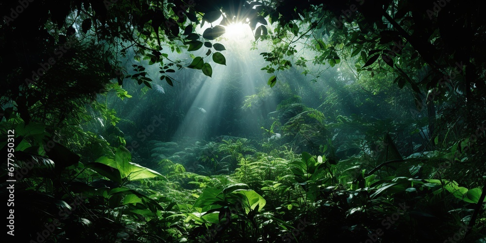 Immerse in a lush tropical rainforest—a symphony of emerald leaves 