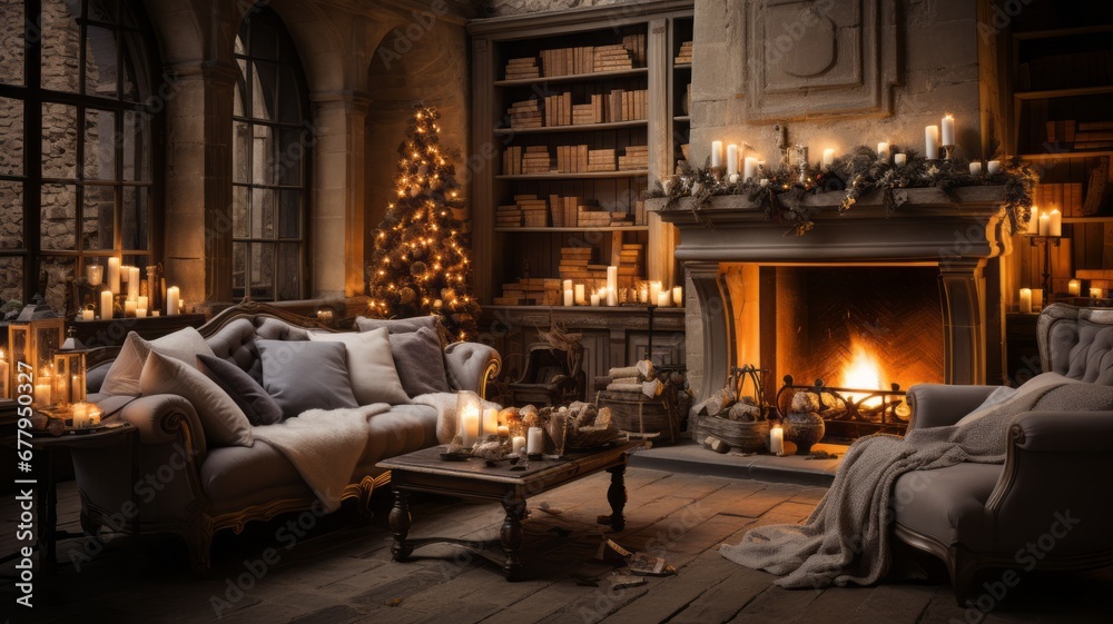 It comes out beautiful with a decorated Christmas tree in the background, a fireplace in the background with lights and cozy armchairs - obrazy, fototapety, plakaty 