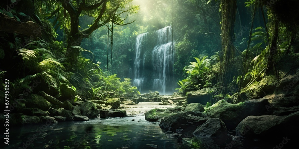 Immerse in a lush tropical rainforest—a symphony of emerald leaves 