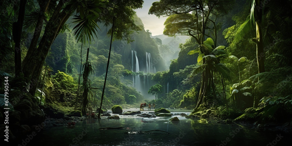 Immerse in a lush tropical rainforest—a symphony of emerald leaves 
