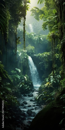 Immerse in a lush tropical rainforest   a symphony of emerald leaves  hidden waterfalls  playful monkeys   adventure and the allure of the wild