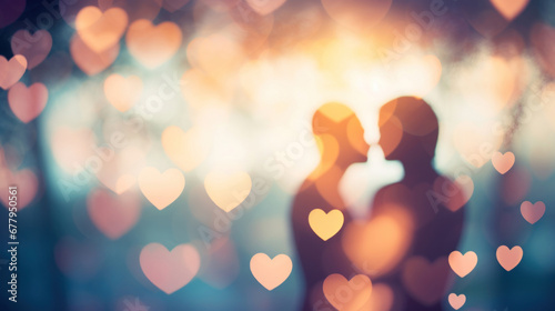 Silhouette of a couple in love with heart bokeh background