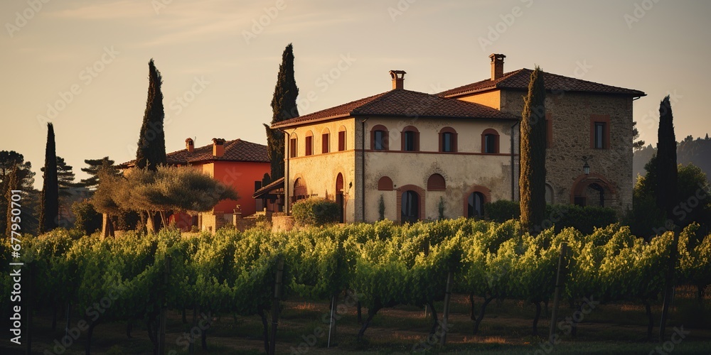 Capture a picturesque vineyard at sunset—a rolling landscape of vine-covered hills, a rustic winery, elegance, fine wine allure Capture a picturesque vineyard at sunset—a rolling landscape of vine-covered hills, a rustic winery, elegance, fine wine allure