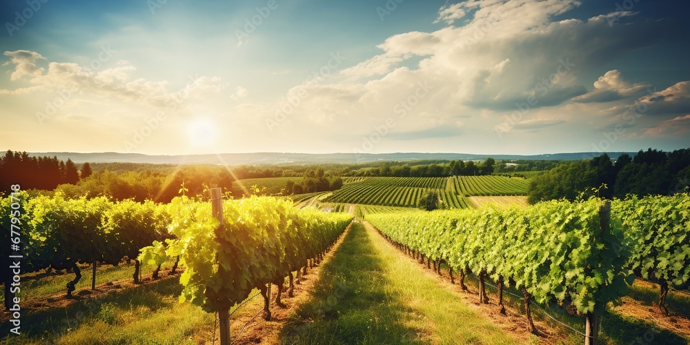 Capture a picturesque vineyard at sunset—a rolling landscape of vine-covered hills, a rustic winery, elegance, fine wine allure