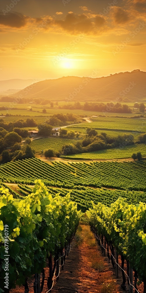 Capture a picturesque vineyard at sunset—a rolling landscape of vine-covered hills, a rustic winery, elegance, fine wine allure