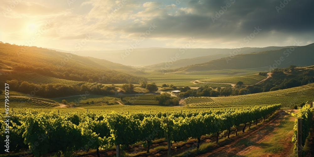 Obraz premium Capture a picturesque vineyard at sunset—a rolling landscape of vine-covered hills, a rustic winery, elegance, fine wine allure