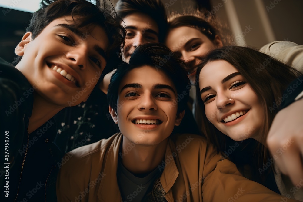 Obraz premium Selfie mit Freunden Wallpaper / Freunde Poster / Junge Leute Illustration / Ai-Ki generiert
