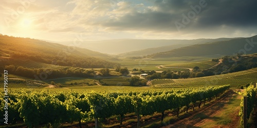 Capture a picturesque vineyard at sunset—a rolling landscape of vine-covered hills, a rustic winery, elegance, fine wine allure