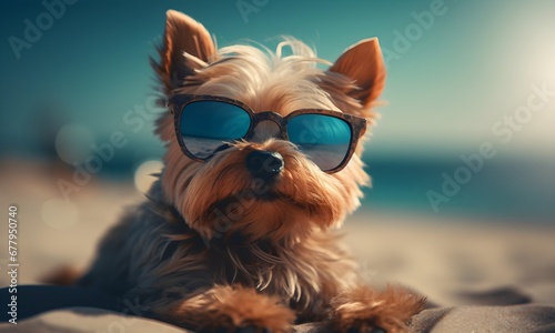Yorkshire Terrier mit Sonnenbrille am Strand / Lustiges Hunde Poster / Sommer Tierspaß Foto / Lustige Tierwelt / Ai-Ki generiert © Chris