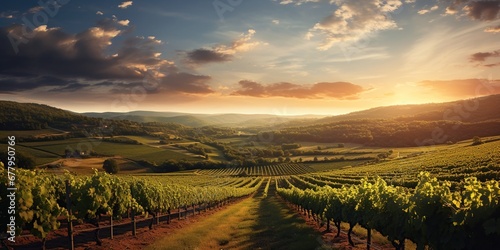 Capture a picturesque vineyard at sunset   a rolling landscape of vine-covered hills  a rustic winery  elegance  fine wine allure