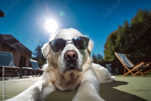 Golden Retriever mit Sonnenbrille liegt am Pool / Hundewelt / Tierspaß im Sommer / Ai-Ki generiert