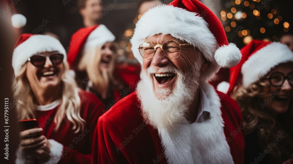 Group of people in Santa claus hat and costume celebrating Christmas eve night party background. Group of people in Santa claus hat and costume celebrating Christmas eve night party background.