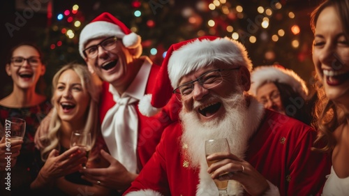 Group of people in Santa claus hat and costume celebrating Christmas eve night party background.