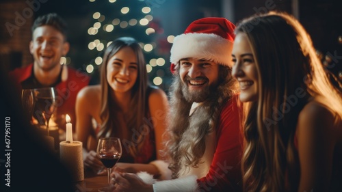Group of people in Santa claus hat and costume celebrating Christmas eve night party background.