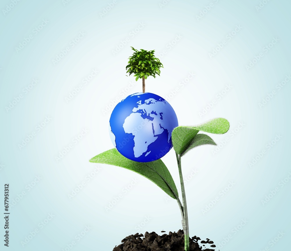 Earth day concept. Ecology. Globe and green plant