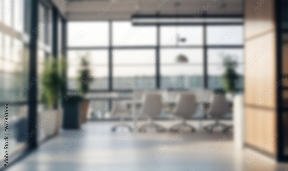 Fototapeta premium Beautiful blurred background of a light modern office interior with panoramic windows and beautiful lighting