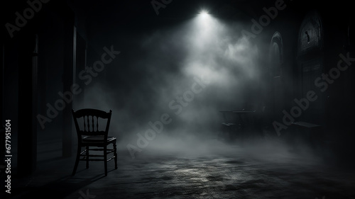 director's place, a lonely chair in the stage smoke on a dark background, the concept of cinema, management, loneliness photo