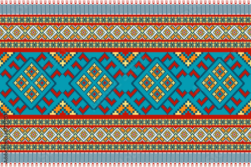 Tribal style diamond shape line pattern on blue background. Thai-style abstract pattern with a yellow and orange border on the top and bottom