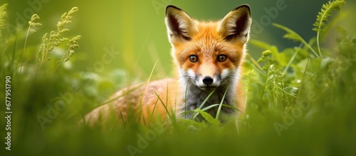 In the serene countryside of Surrey England a captivating sight unfolds as a red fox a cunning carnivore native to Europe prowls through the lush green grass blending seamlessly with the sur