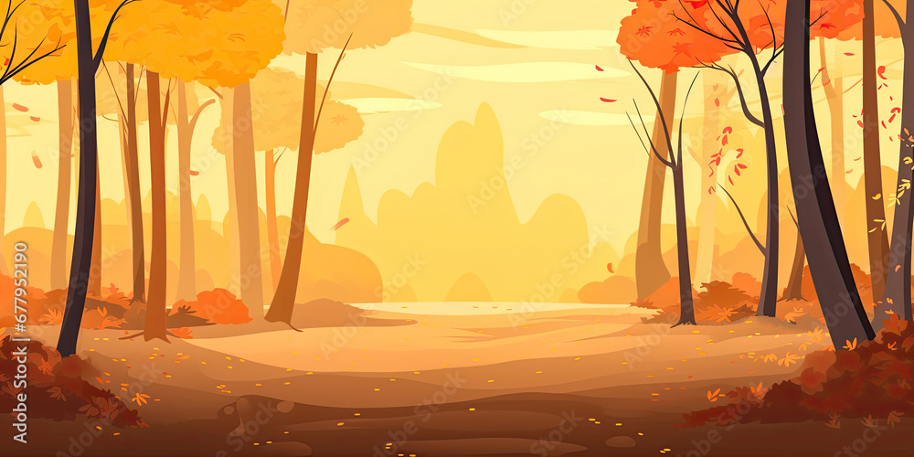 Autumn woodland forest background anime cartoon style orange woods trees wide landscape banner, generated ai