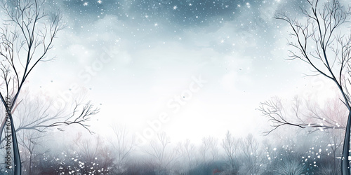Winter frozen forest woodland snow covered trees white misty freezing landscape scene wide backdrop, generated ai © dan
