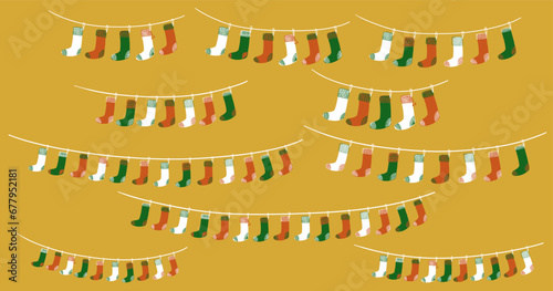 Christmas Socks Garland Collection. Xmas String Set. New year hand drawn socks in vintage style. Retro cute stocking cartoon doodle kids elements. Childish isolated vector illustration