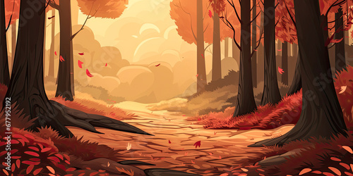 Autumn woodland forest background anime cartoon style orange woods trees wide landscape banner  generated ai