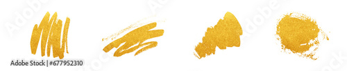 Vector set of gold brush glitter splashes. Golden brush strokes, smears. Foil metal effect. Luxury shiny frame background for labels, Christmas design, stickers. Sparkle stain banner elements photo