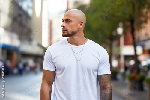 handsome man on the street in an empty white T-shirt