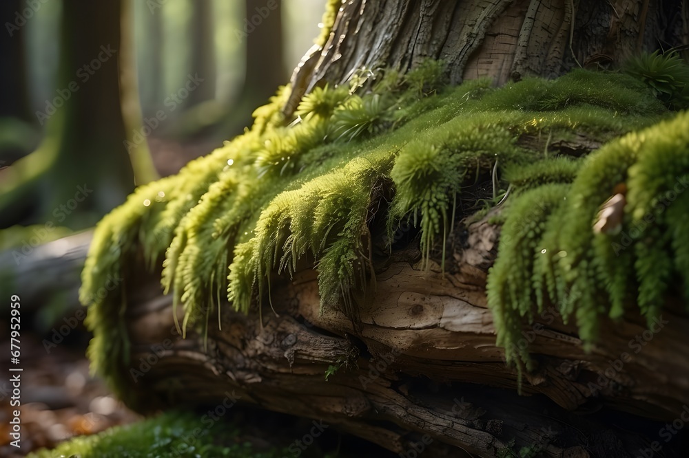 A Old wood covered with green moss in the forest. Wildlife landscape. Beautiful Bright Green moss grown up cover the rough stones and on the floor in the forest. Product display mockup A Old wood covered with green moss in the forest. Wildlife landscape. Beautiful Bright Green moss grown up cover the rough stones and on the floor in the forest. Product display mockup