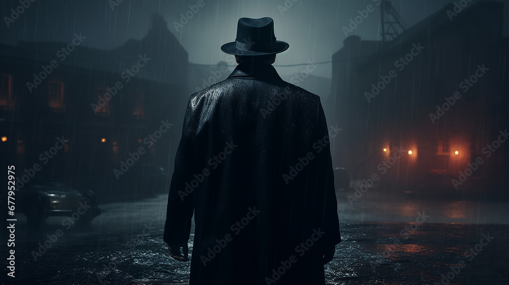 a man in the night fog view from the back autumn landscape with rain, black coat and hat silhouette of a mafia gloomy bandit - obrazy, fototapety, plakaty 
