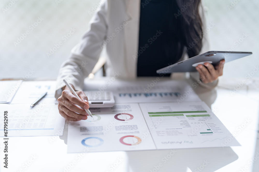 Business woman hand presses on screen digital tablet Online Digital marketing technology Business woman hand presses on screen digital tablet Online Digital marketing technology