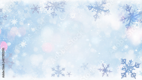 light blue winter background with blurred white snowflakes, watercolor Christmas greeting form, an empty copy space in the cold colors of winter