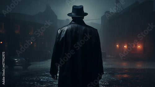 a man in the night fog view from the back autumn landscape with rain, black coat and hat silhouette of a mafia gloomy bandit photo