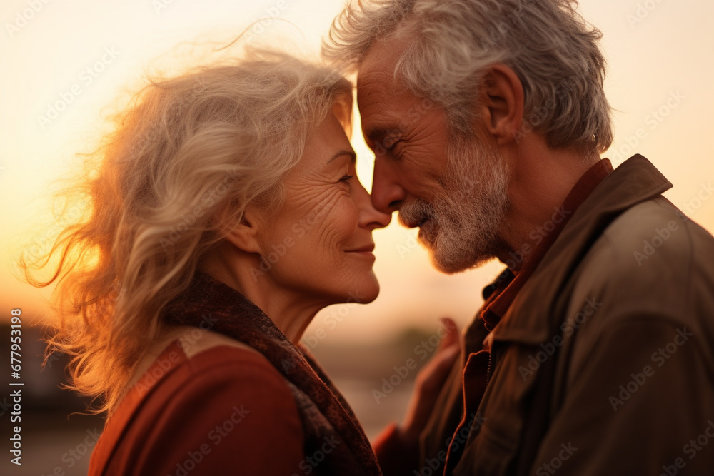 elderly couple kissing at sunset, love elderly couple kissing at sunset, love