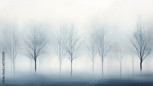 light white blue fog, a row of trees. watercolor abstract background late autumn, symbol landscape view cold light November, copy space blank blank