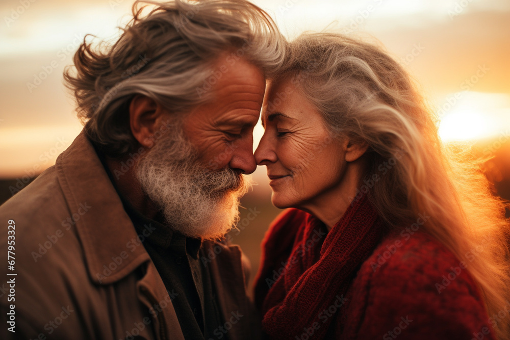 elderly couple kissing at sunset, love elderly couple kissing at sunset, love
