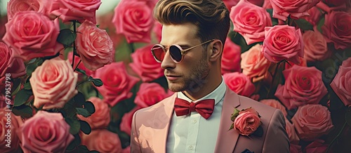In the picturesque background of a blooming garden a man with a quirky sense of style and a love for all things cute and funny prepared a gift for his wedding day a red rose symbolizing his