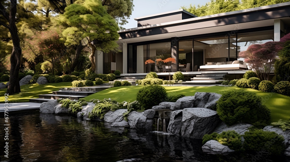 Modern luxury house with front yard water feature Modern luxury house with front yard water feature